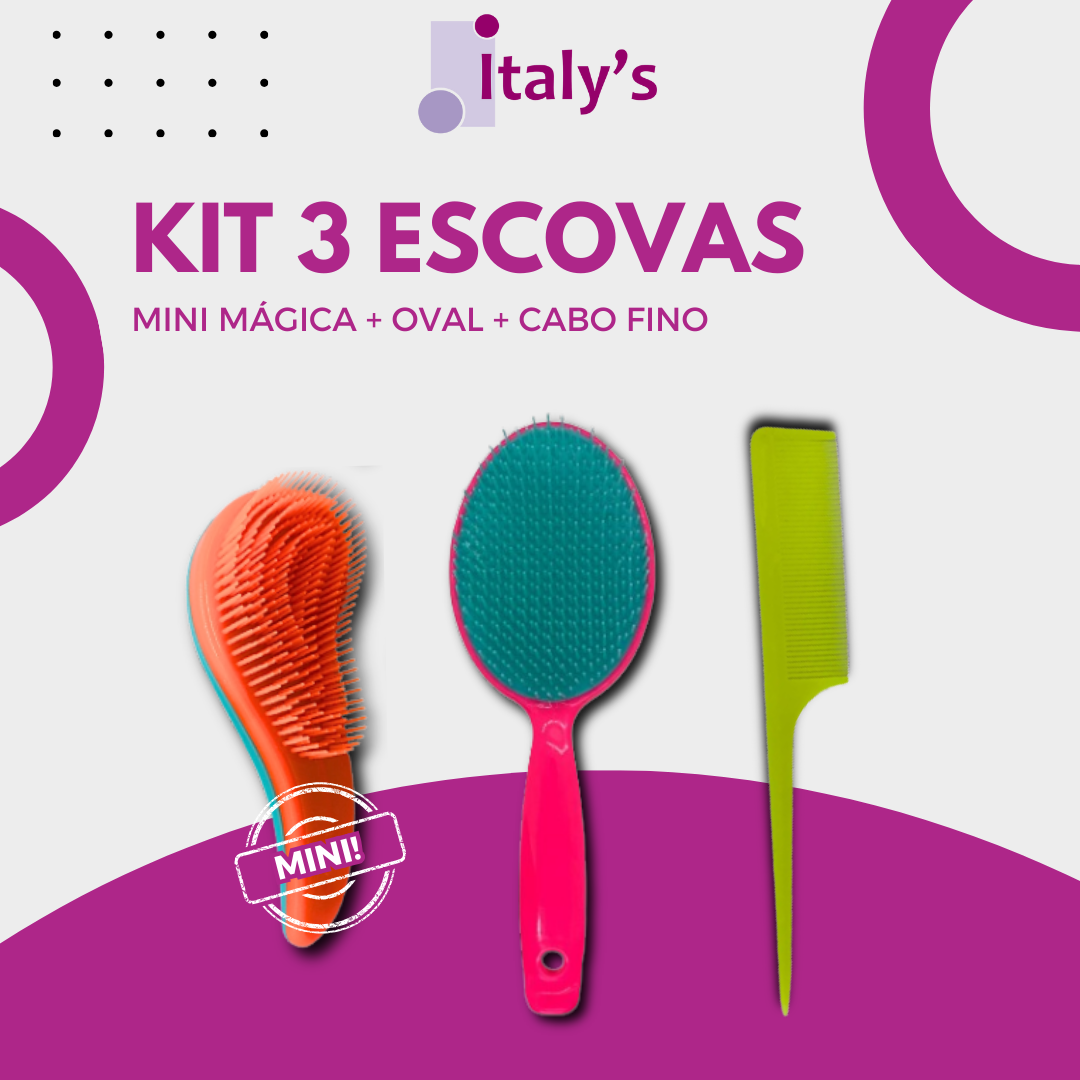 Kit de escovas com 3 escovas Mini mágica, Pente Fino e Raquete Oval - Imagem 2